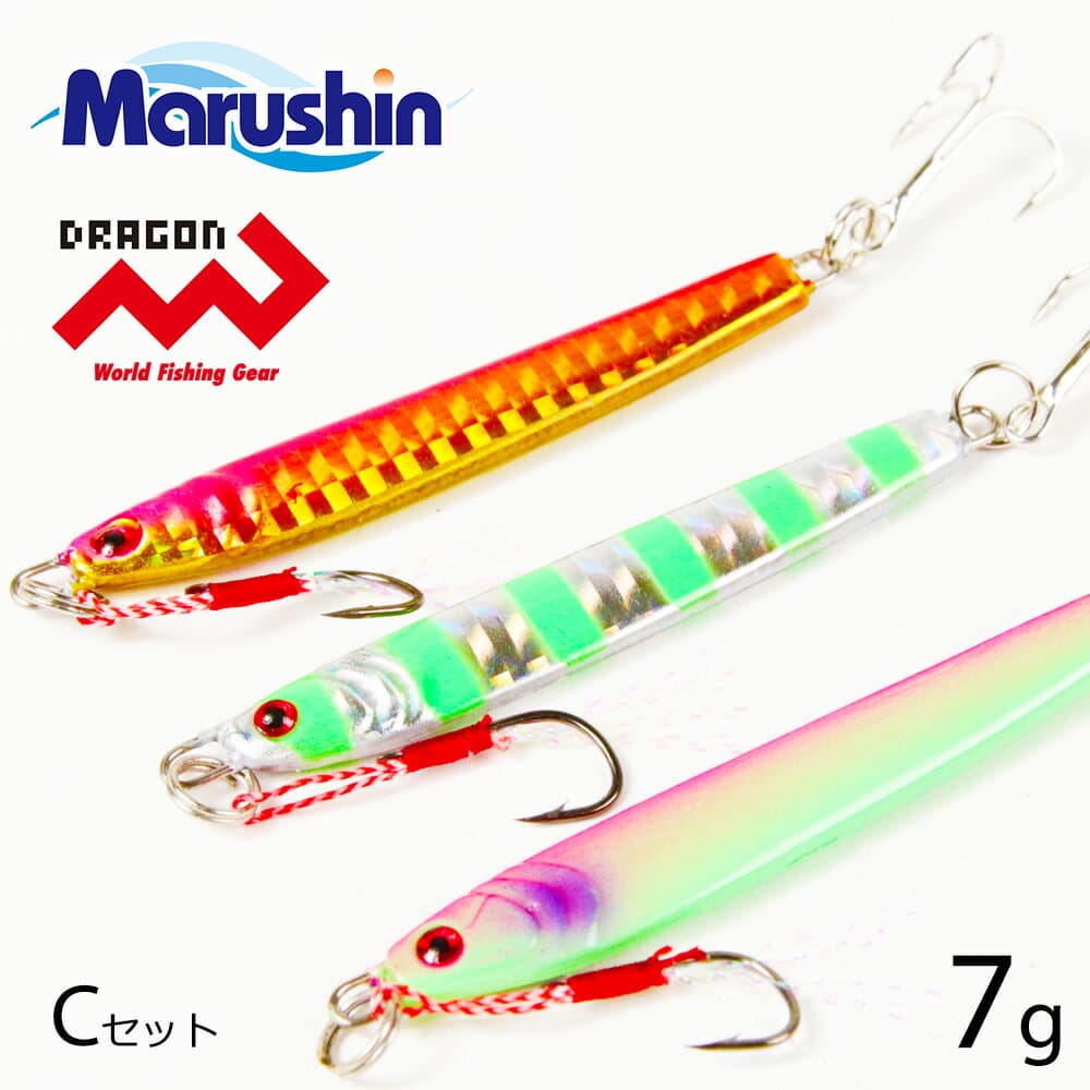 Marushin Metal Jig Shore Go! Go! 7g Jig Set C Zebra Glow Pink Glow Pink Gold 3-Color Set Triple Hook Assist Hook Hard Lure Sea Bass Lure Saltwater Lure Saltwater Jigging Single Hook Offshore Flounder Magochi Ajimebaru