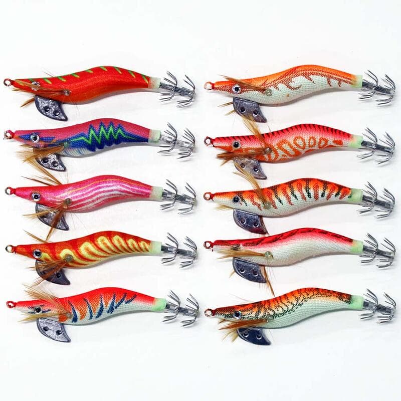 Glow-in-the-Dark Squid Lure Set (2.0) - Red, Pink, Orange (10 pieces)